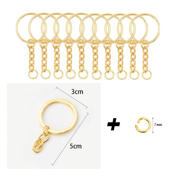 Set de 10 porte- clés simple doré avec anneaux d'assemblage